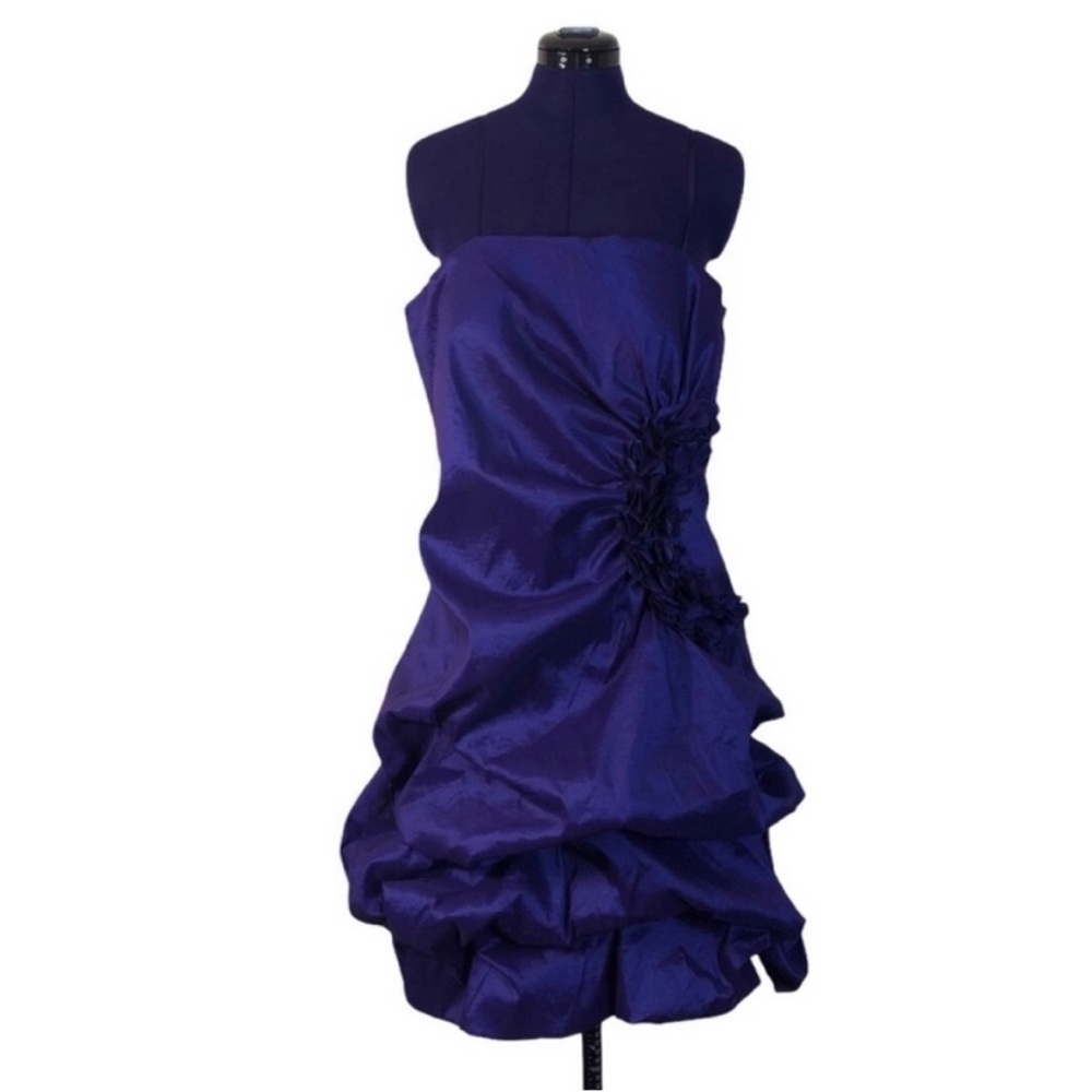 Deb Purple Ruffle Floral Short Sleeve Short Evening Dress